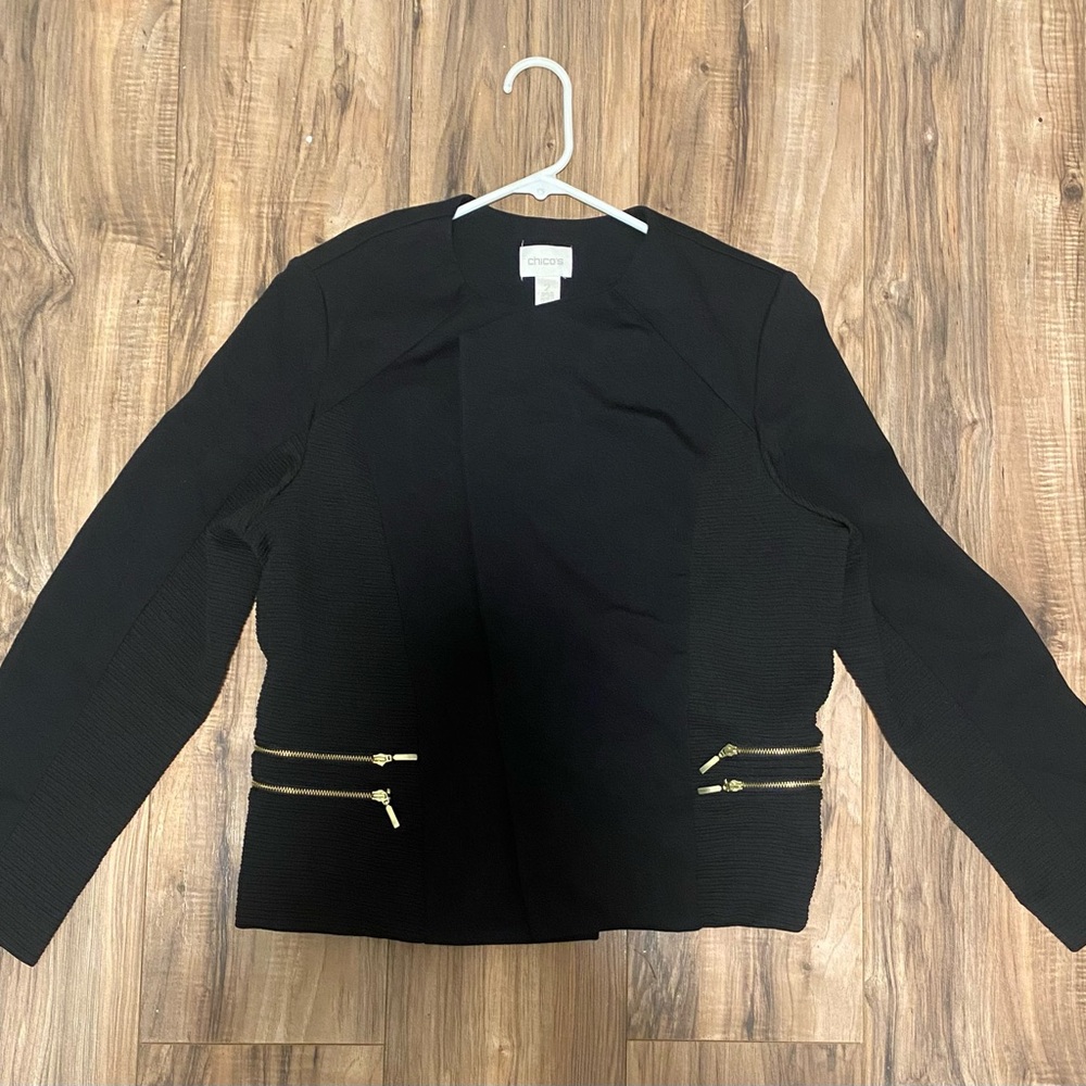 Chico's Black Open-Front Jacket with Gold Zipper Accents